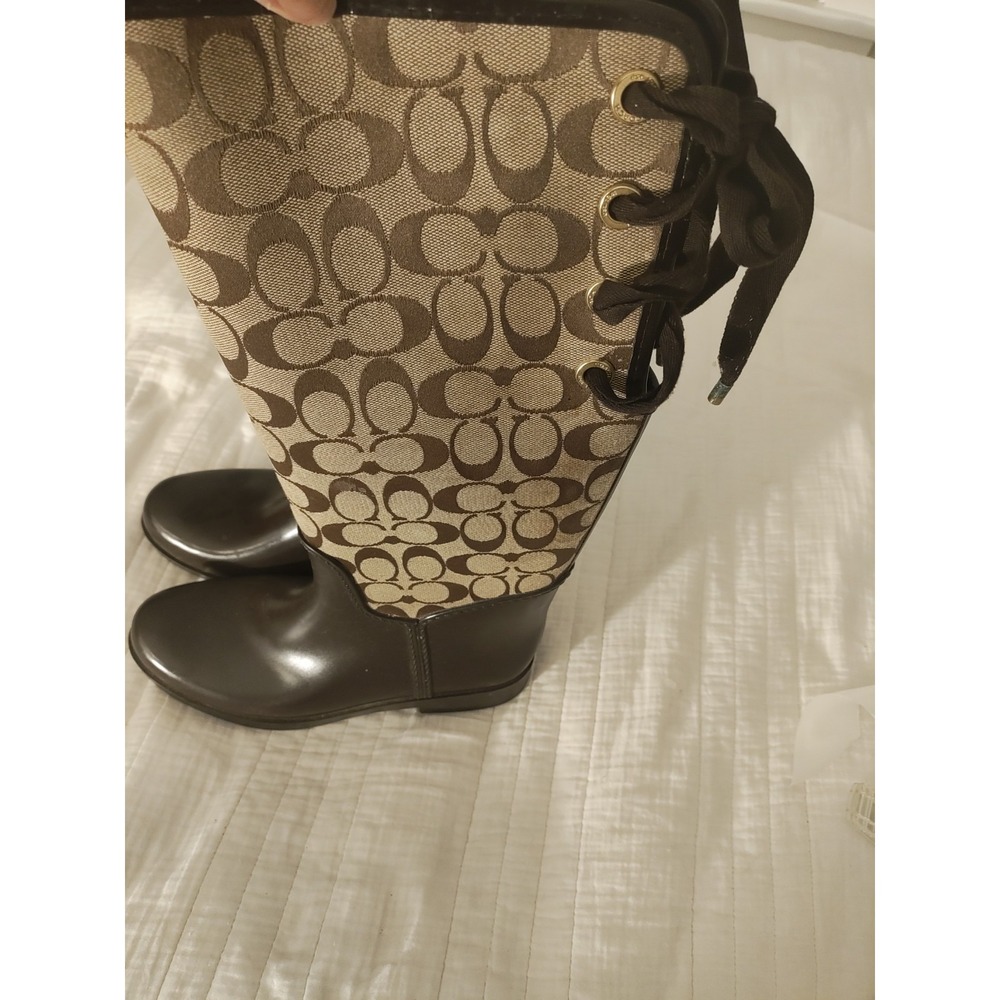Coach Tristee Lace-Up Corset Signature Print Logo Rain Boots Brown Women's 9